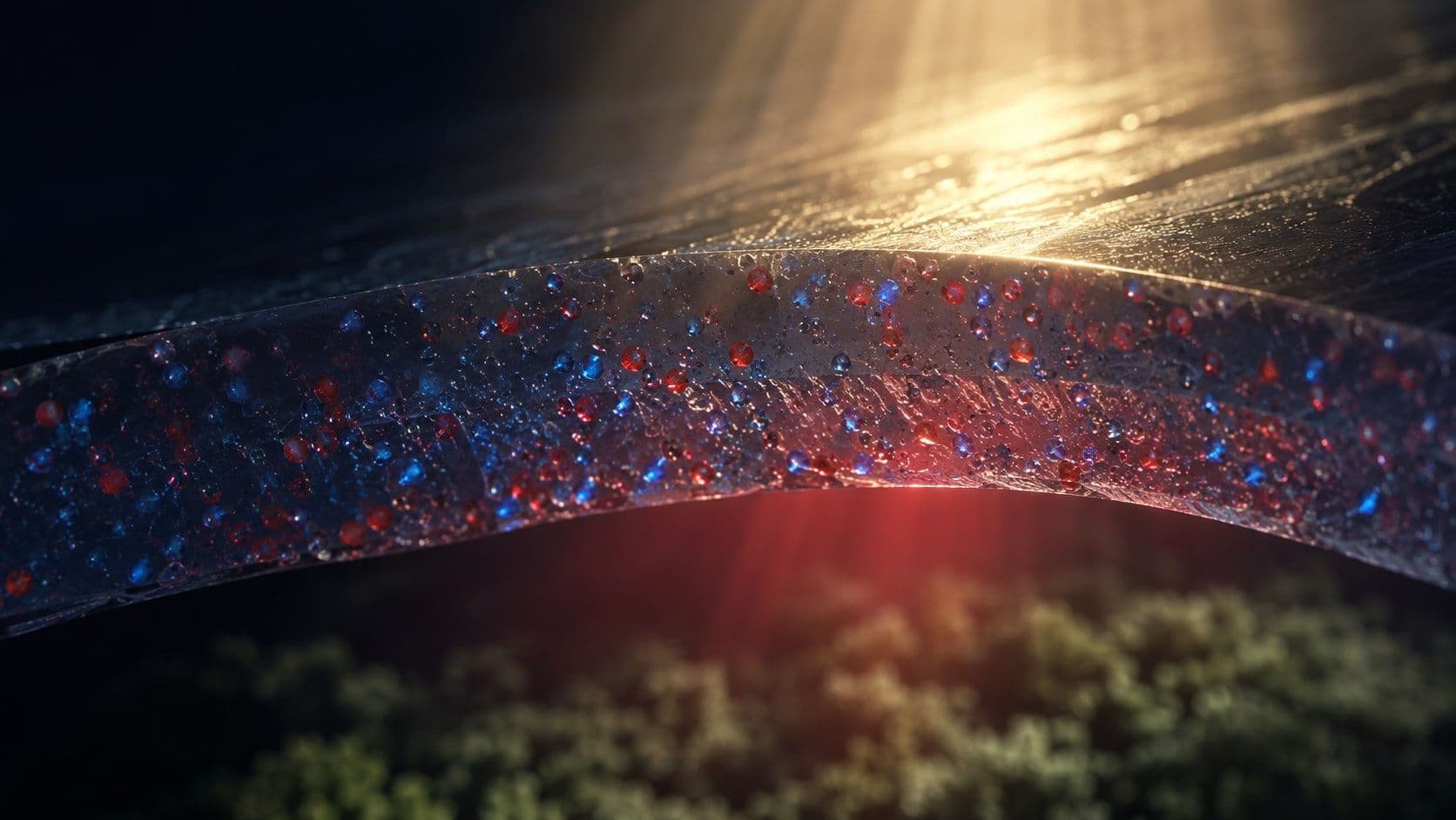 Cross-section of a luminescent conversion film: embedded pigment particles turn incoming sunlight into red light above a green crop canopy.