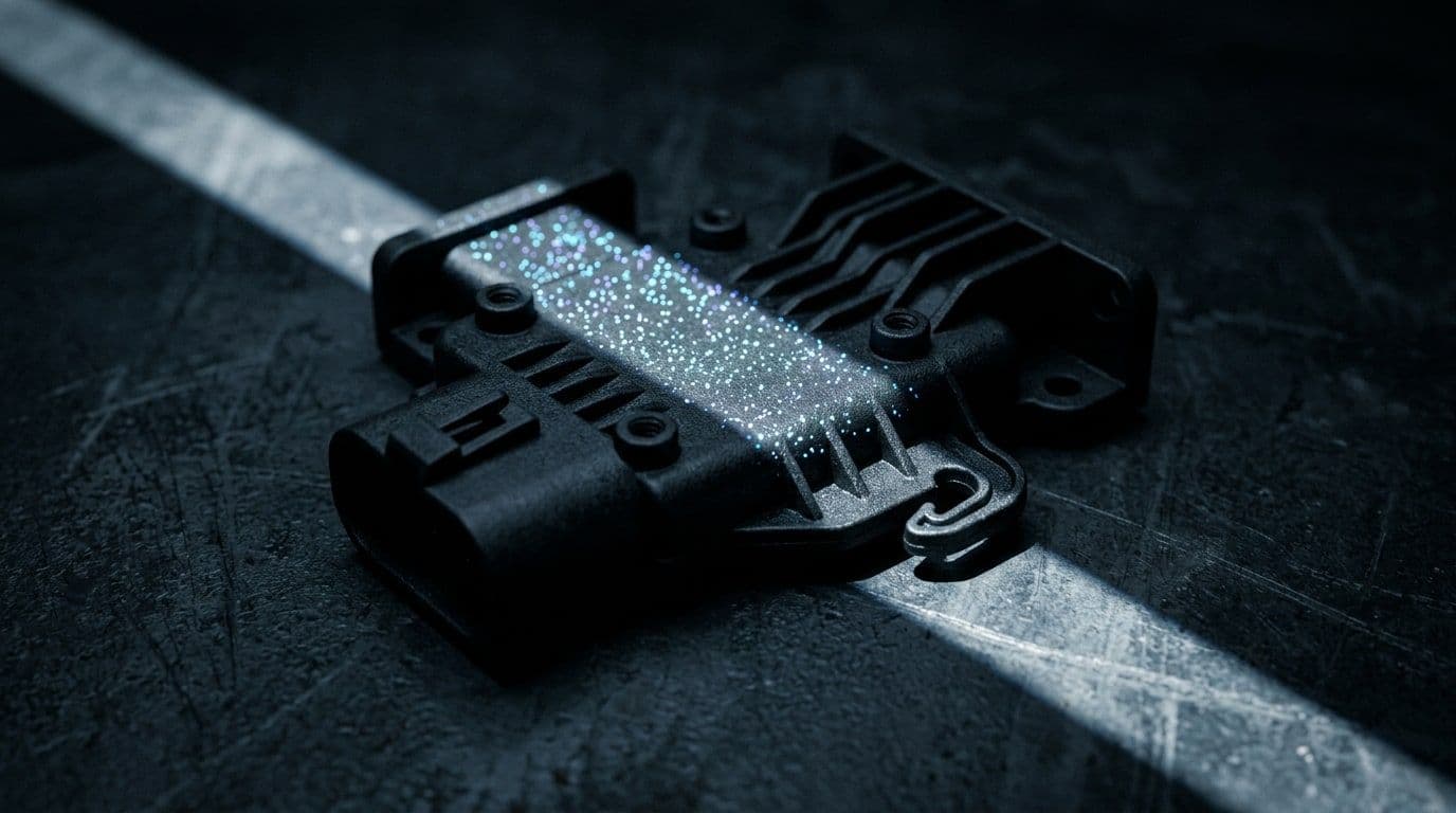 Matte black connector housing crossed by a narrow light beam — embedded luminescent security particles light up only inside the beam.